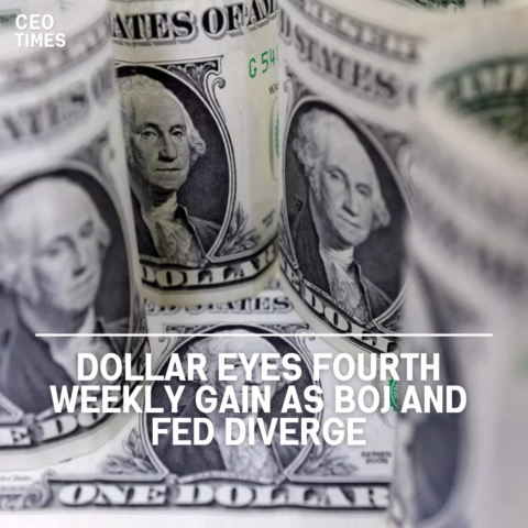 The dollar is on track for its fourth straight weekly rise, boosted by opposing signals from the BOJ and the Federal Reserve.