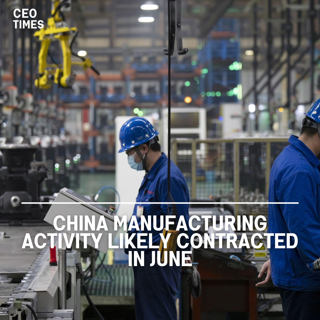 According to a Reuters survey, China's manufacturing activity will likely decrease for the second consecutive month in June.