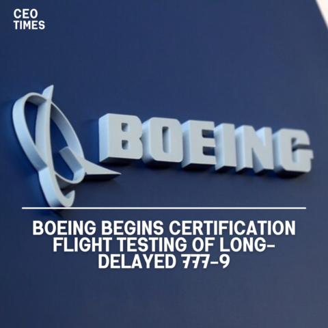 Boeing has begun certification flight testing of its long-delayed 777-9, with US aviation regulators onboard.